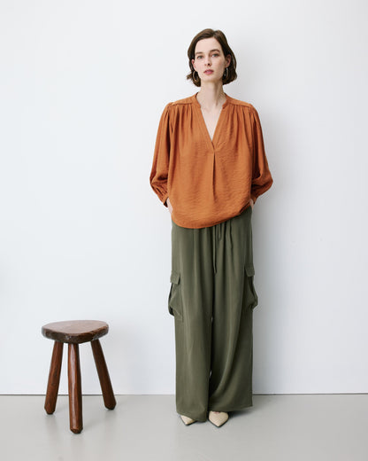Blouse ample manches bouffantes 3/4 col V camel Auriane