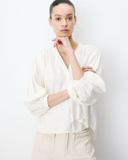 Blouse ample manches bouffantes 3/4 col V ecru Auriane