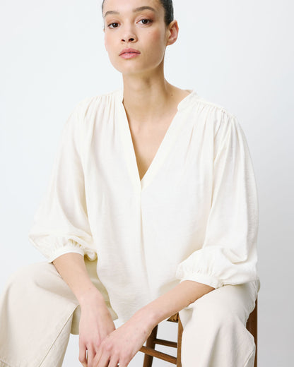 Blouse ample manches bouffantes 3/4 col V ecru Auriane