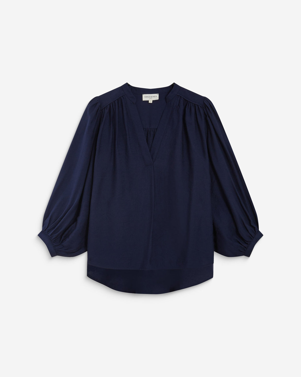 Blouse ample manches bouffantes 3/4 col V marine Auriane