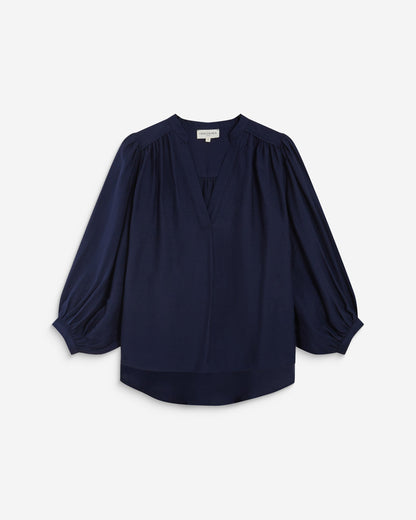 Blouse ample manches bouffantes 3/4 col V marine Auriane