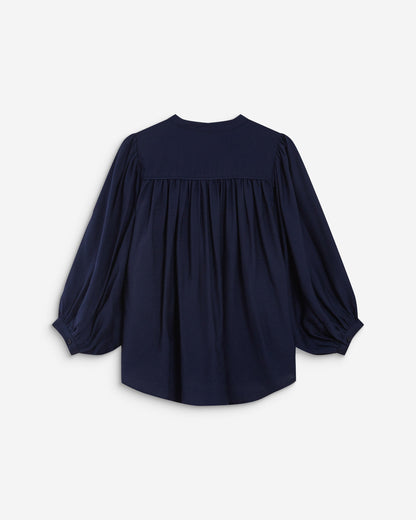 Blouse ample manches bouffantes 3/4 col V marine Auriane