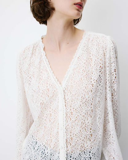 Blouse en dentelle col V manches longues ivoire Aurora
