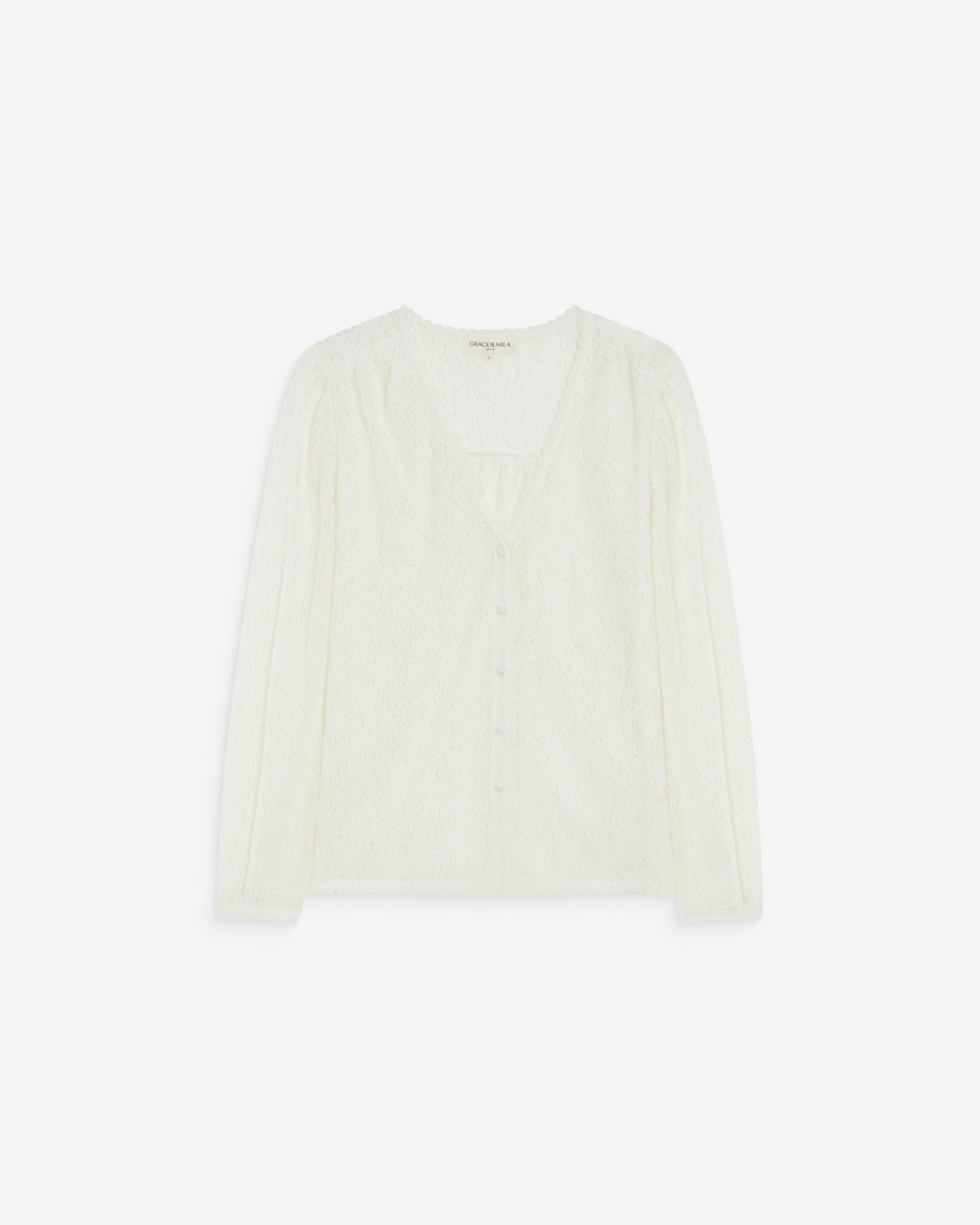 Blouse en dentelle col V manches longues ivoire Aurora