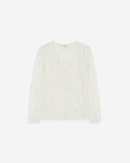Blouse en dentelle col V manches longues ivoire Aurora