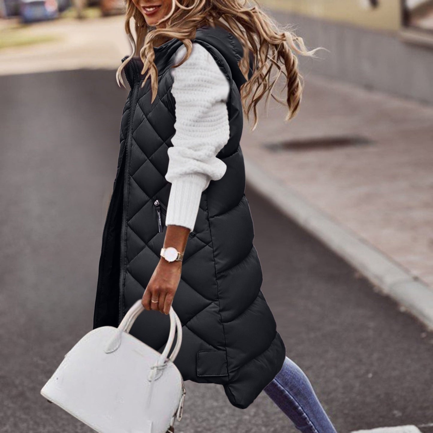 Florisse | Long Quilted Hooded Vest Femme avec Fermeture Zippée | Gilet Matelassé Automne Hiver