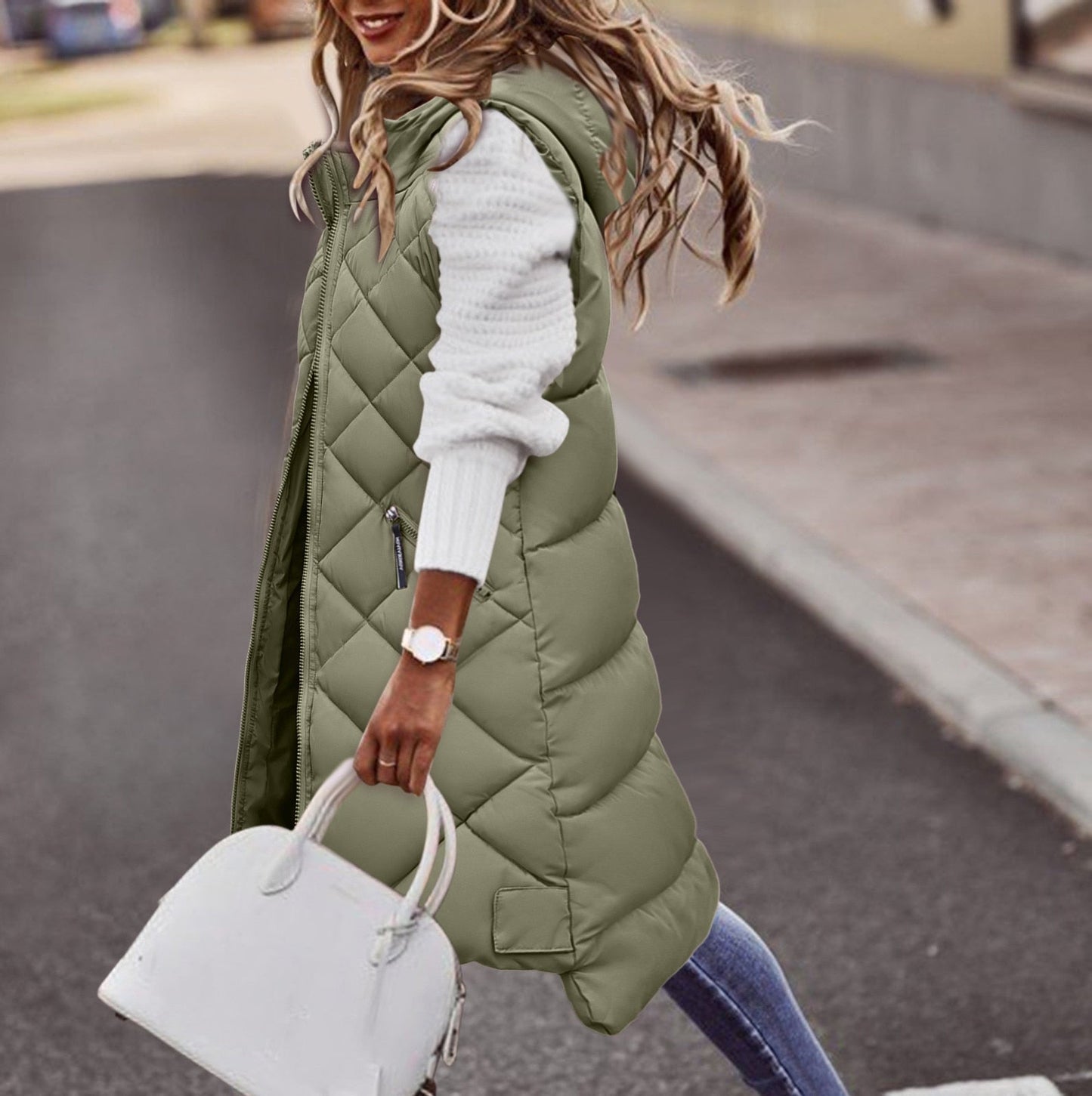 Florisse | Long Quilted Hooded Vest Femme avec Fermeture Zippée | Gilet Matelassé Automne Hiver