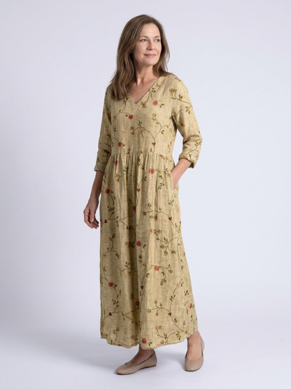 Marina | Robe Maxi à Manches Trois Quarts et Décolleté en V Floral