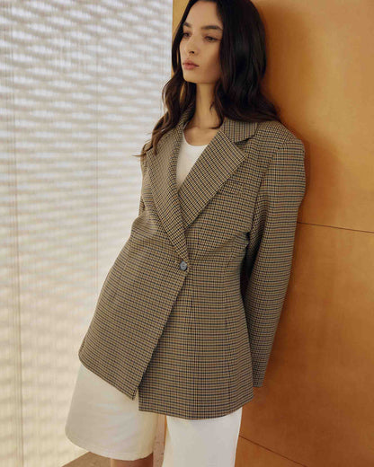 Blazer cintré croisé pied-de-poule beige Almond