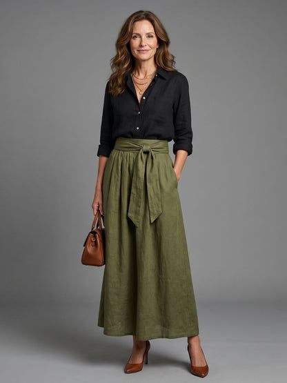 Vera | Ensemble Deux Pièces Blouse Noire Jupe Midi Vert Olive