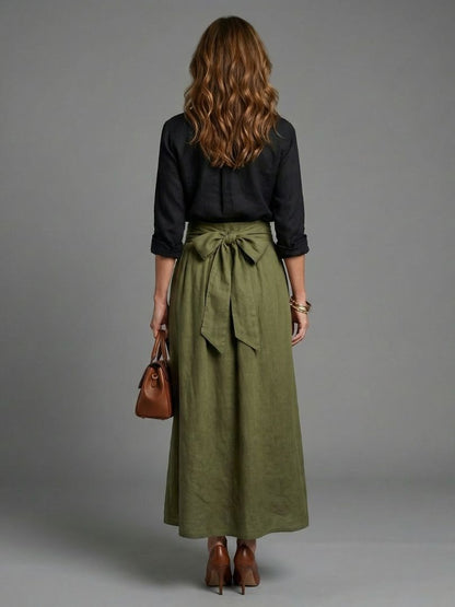 Vera | Ensemble Deux Pièces Blouse Noire Jupe Midi Vert Olive
