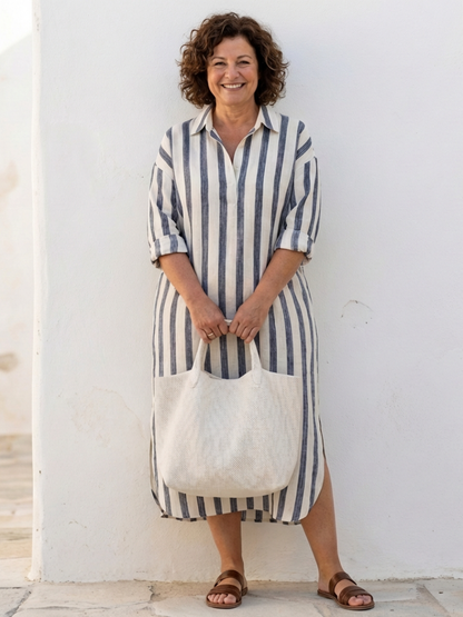 Naomi | Robe chemise midi à manches longues rayée