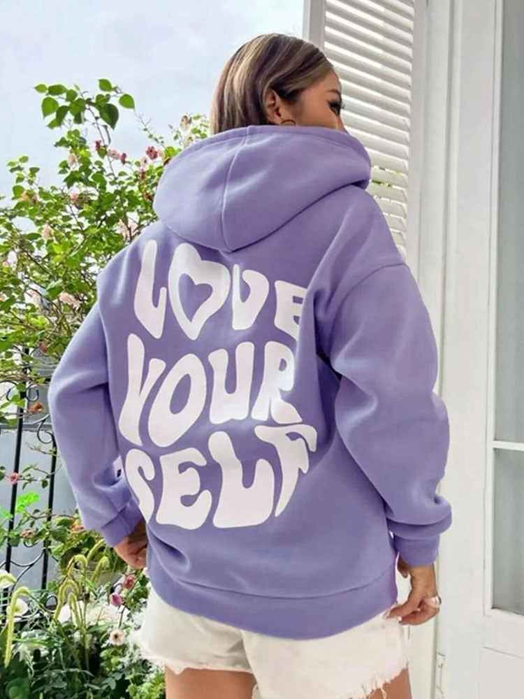 Céleste | Hoodie Femme à Capuche Imprimé “Love Yourself” Poches Kangourou