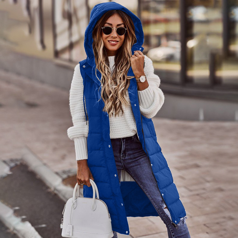 Fortunée | Long Hooded Quilted Vest Femme Hiver sans Manches avec Capuche et Design Matelassé