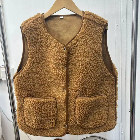 Édith | Gilet Femme Décontracté Effet Teddy Col V avec Boutons et Poches