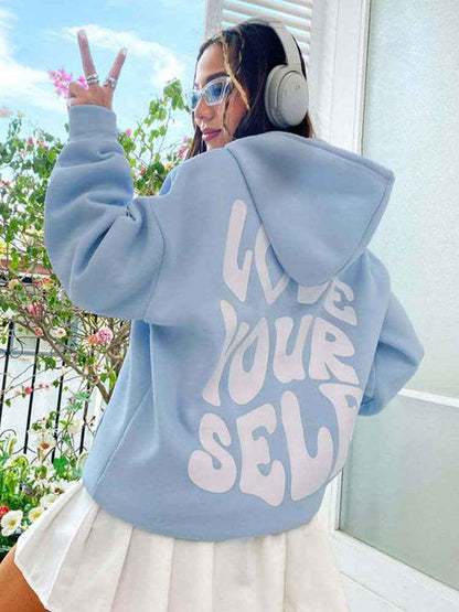 Céleste | Hoodie Femme à Capuche Imprimé “Love Yourself” Poches Kangourou