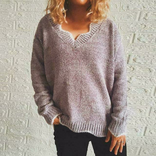 Aimée | Pull Femme Tricoté Décontracté à Col V en Couleur Unie
