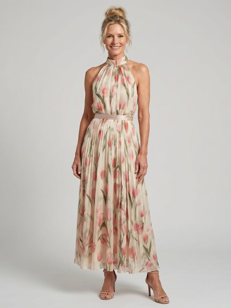 Aurelle | Robe Midi Fleurie à Col Halter