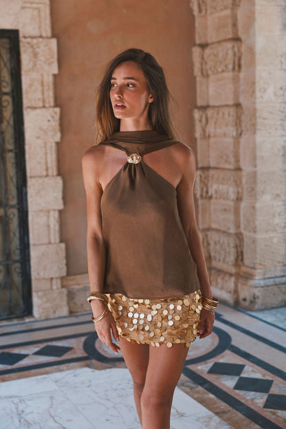 Zuma Olive Satin Scarf Top