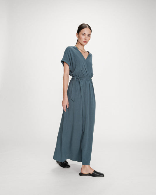 Robe longue portefeuille ceinturée emeraude Pollen