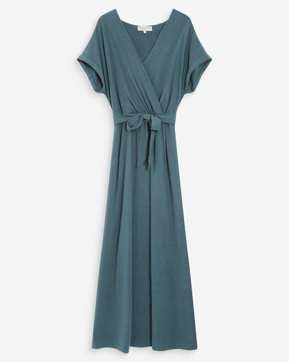 Robe longue portefeuille ceinturée emeraude Pollen