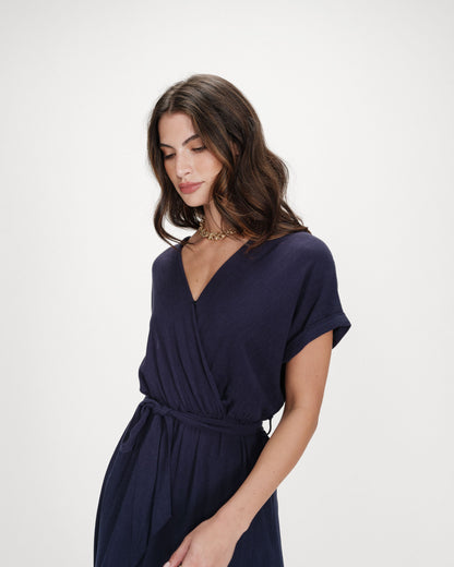 Robe longue portefeuille ceinturée marine Pollen