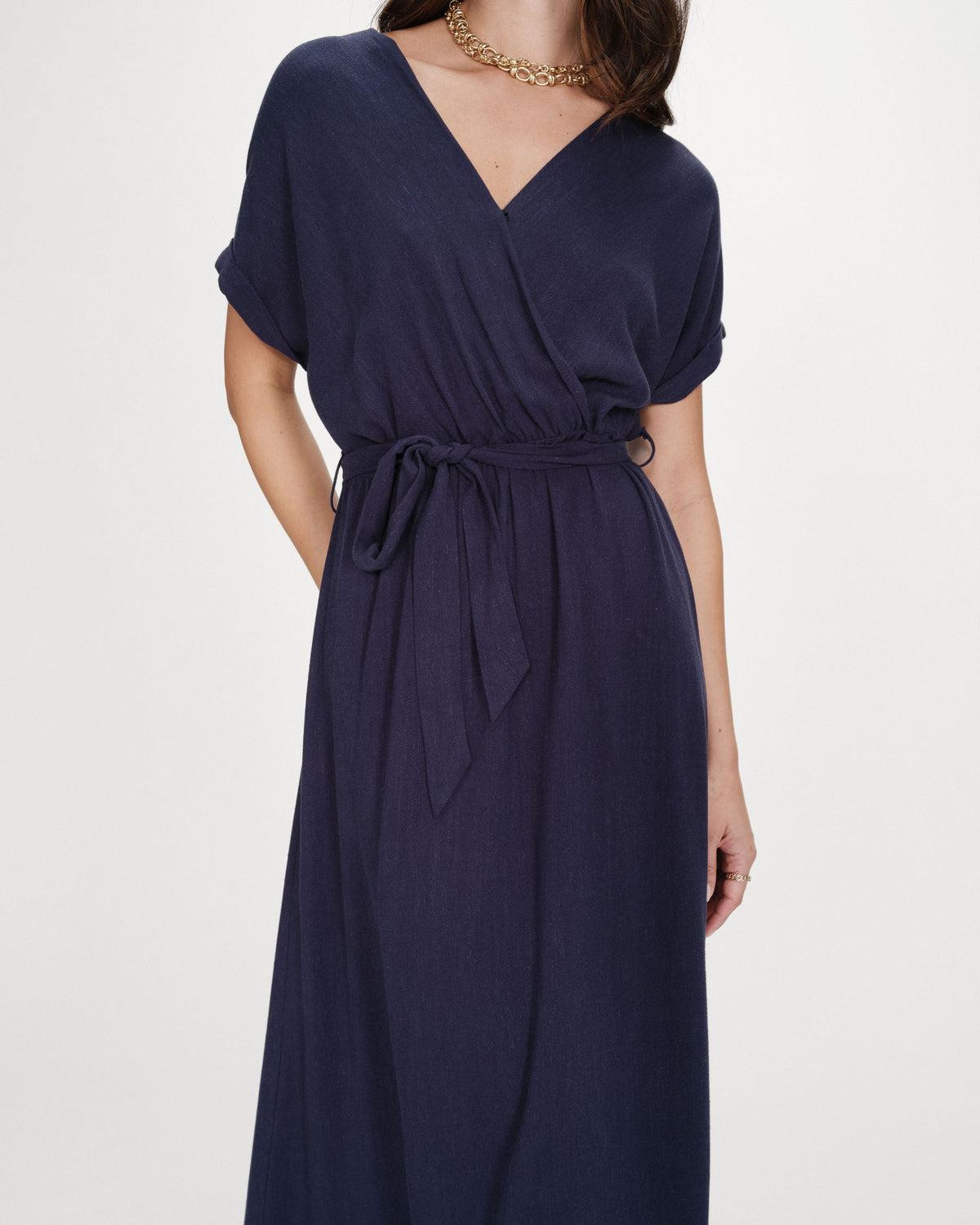 Robe longue portefeuille ceinturée marine Pollen