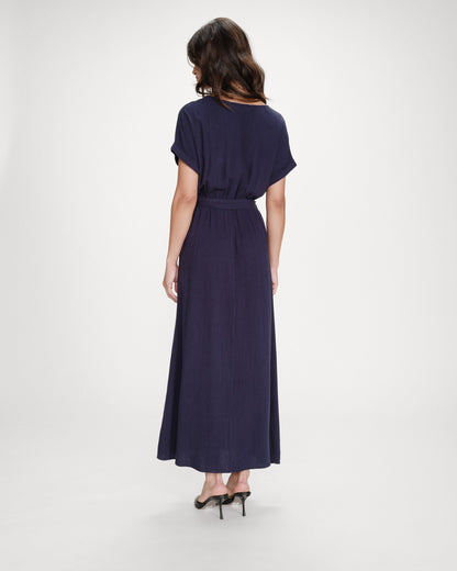 Robe longue portefeuille ceinturée marine Pollen