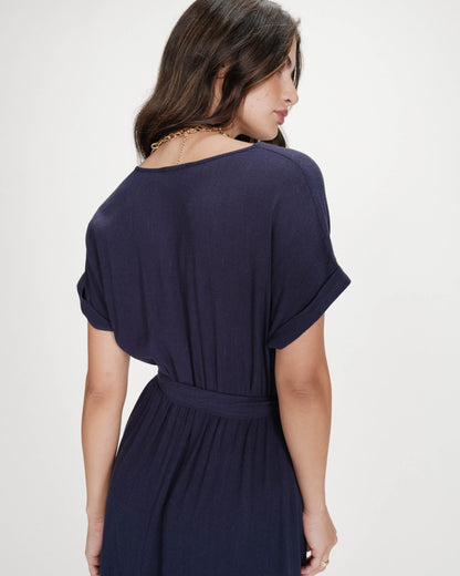 Robe longue portefeuille ceinturée marine Pollen