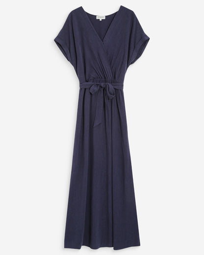 Robe longue portefeuille ceinturée marine Pollen