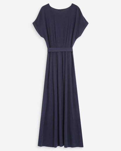 Robe longue portefeuille ceinturée marine Pollen