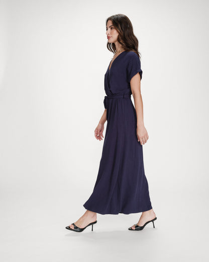 Robe longue portefeuille ceinturée marine Pollen