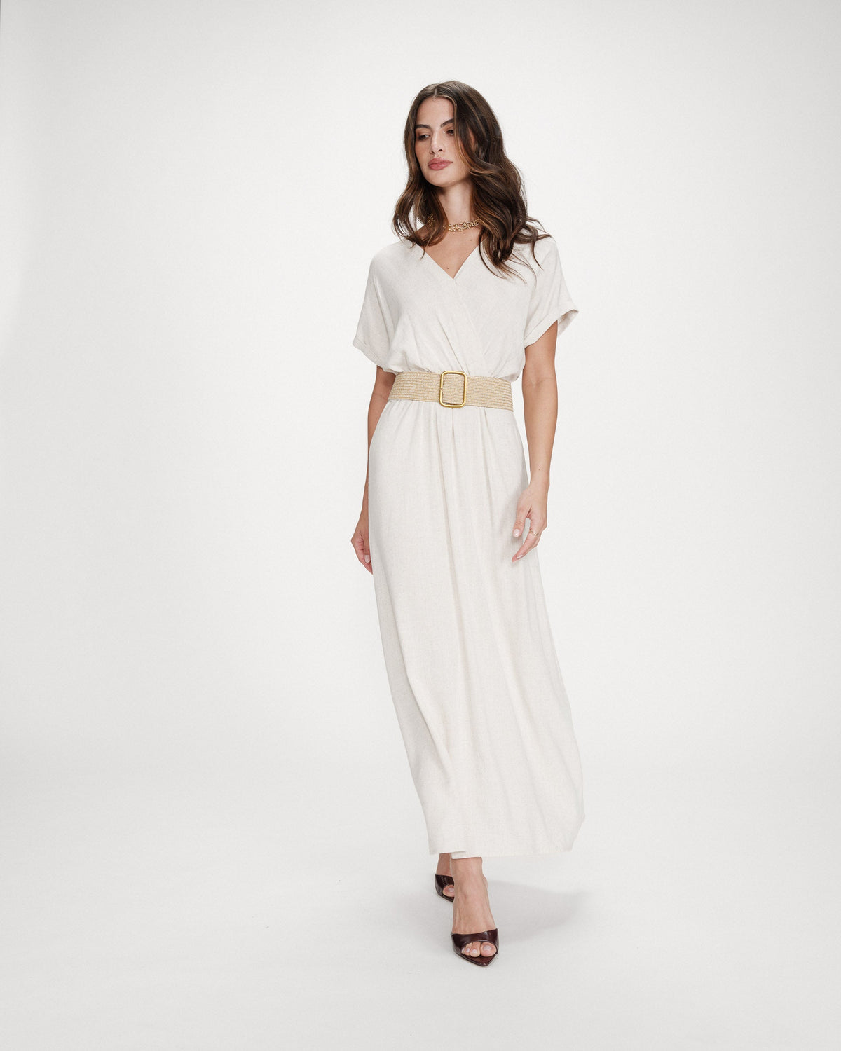 Robe longue portefeuille ceinturée sable Pollen