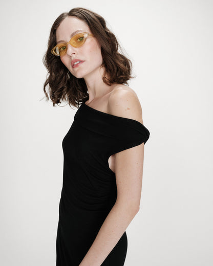 Robe longue cintrée col asymétrique noir Vanity
