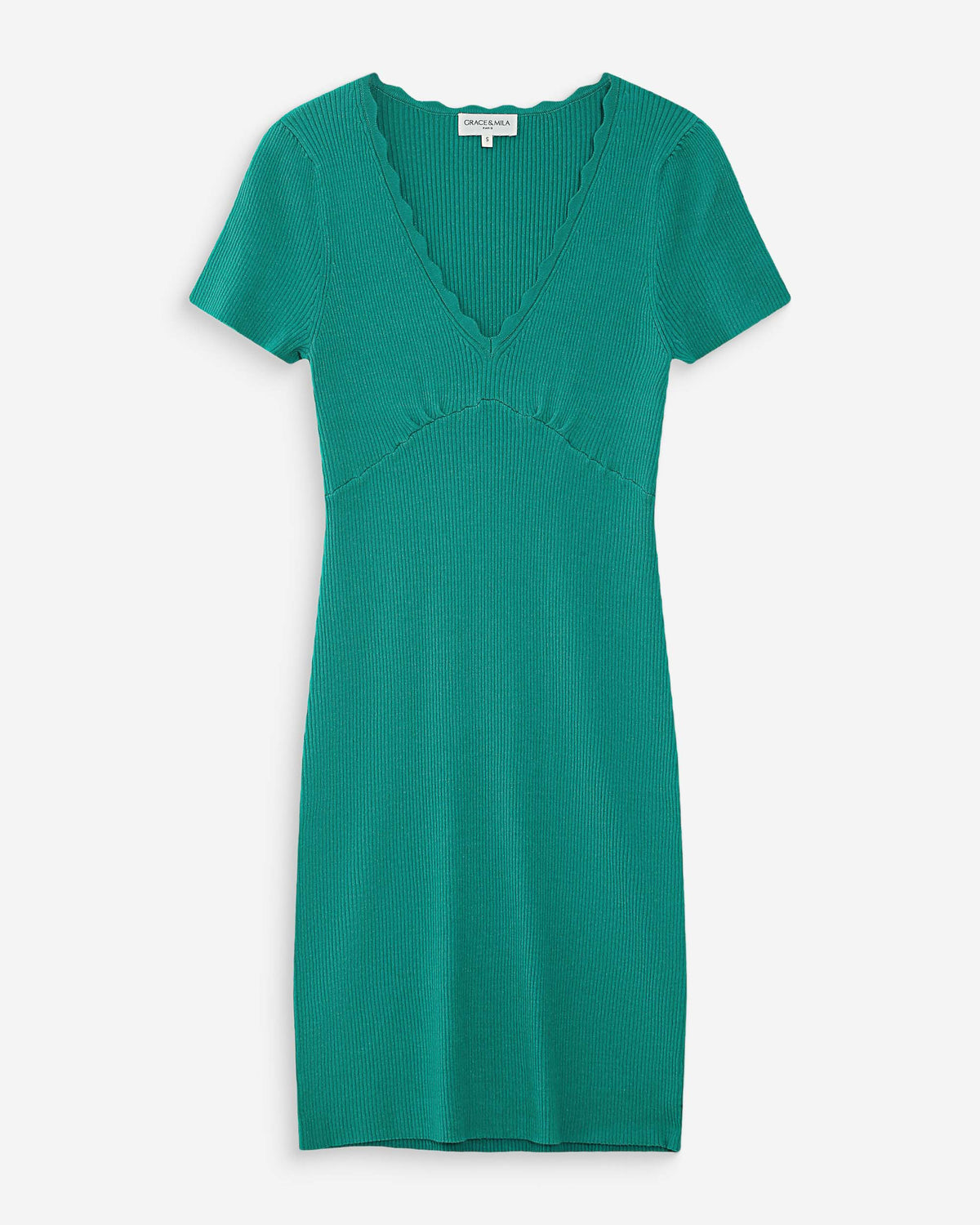 Robe courte ajustée en maille à col V vert Valeriane
