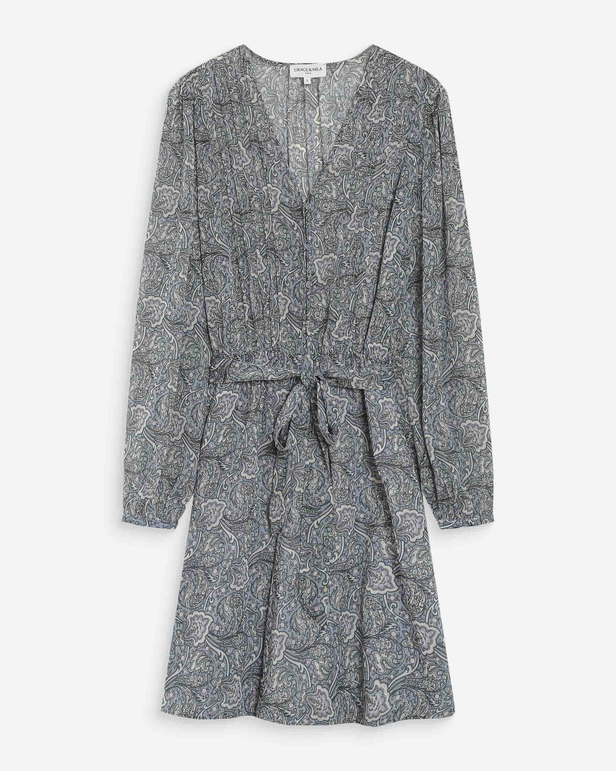 Robe courte évasée col V manches longues ciel Violette