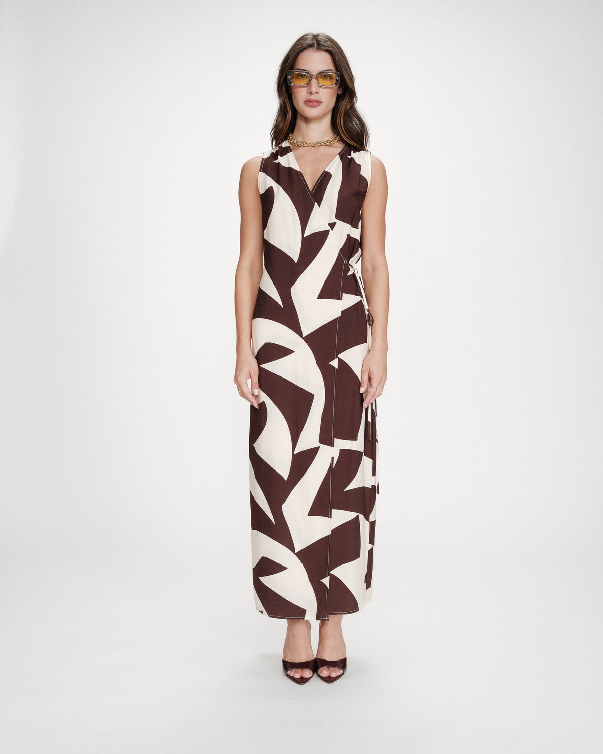 Robe portefeuille imprimé géométrique chocolat Velline