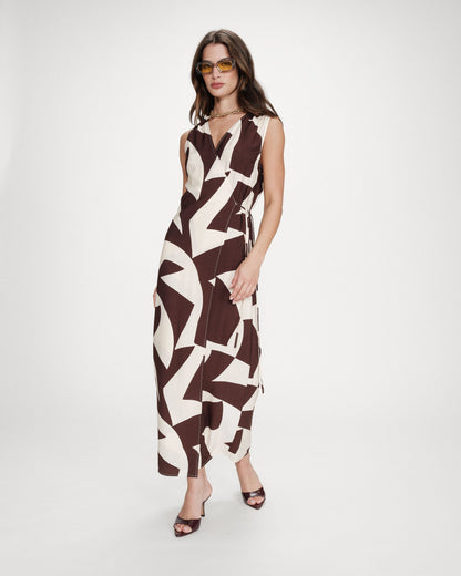 Robe portefeuille imprimé géométrique chocolat Velline