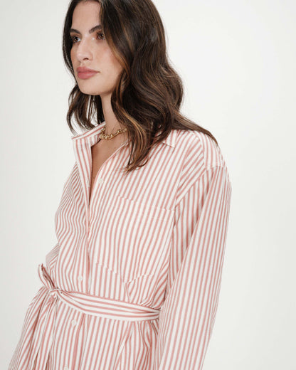 Robe chemise courte à rayures ceinturée corail Visery