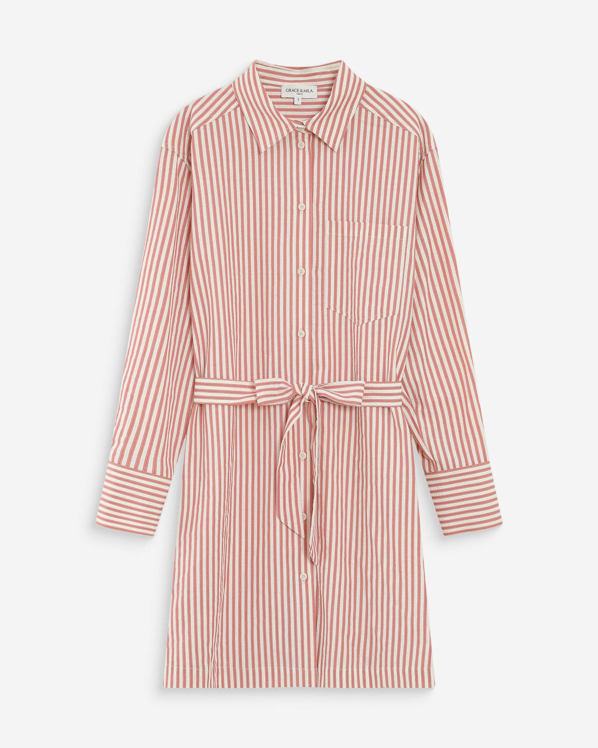 Robe chemise courte à rayures ceinturée corail Visery