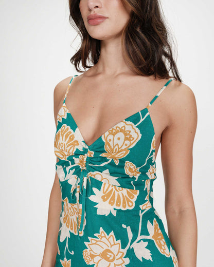 Robe longue à fleurs dos nu bretelles à nouer vert Velyssa