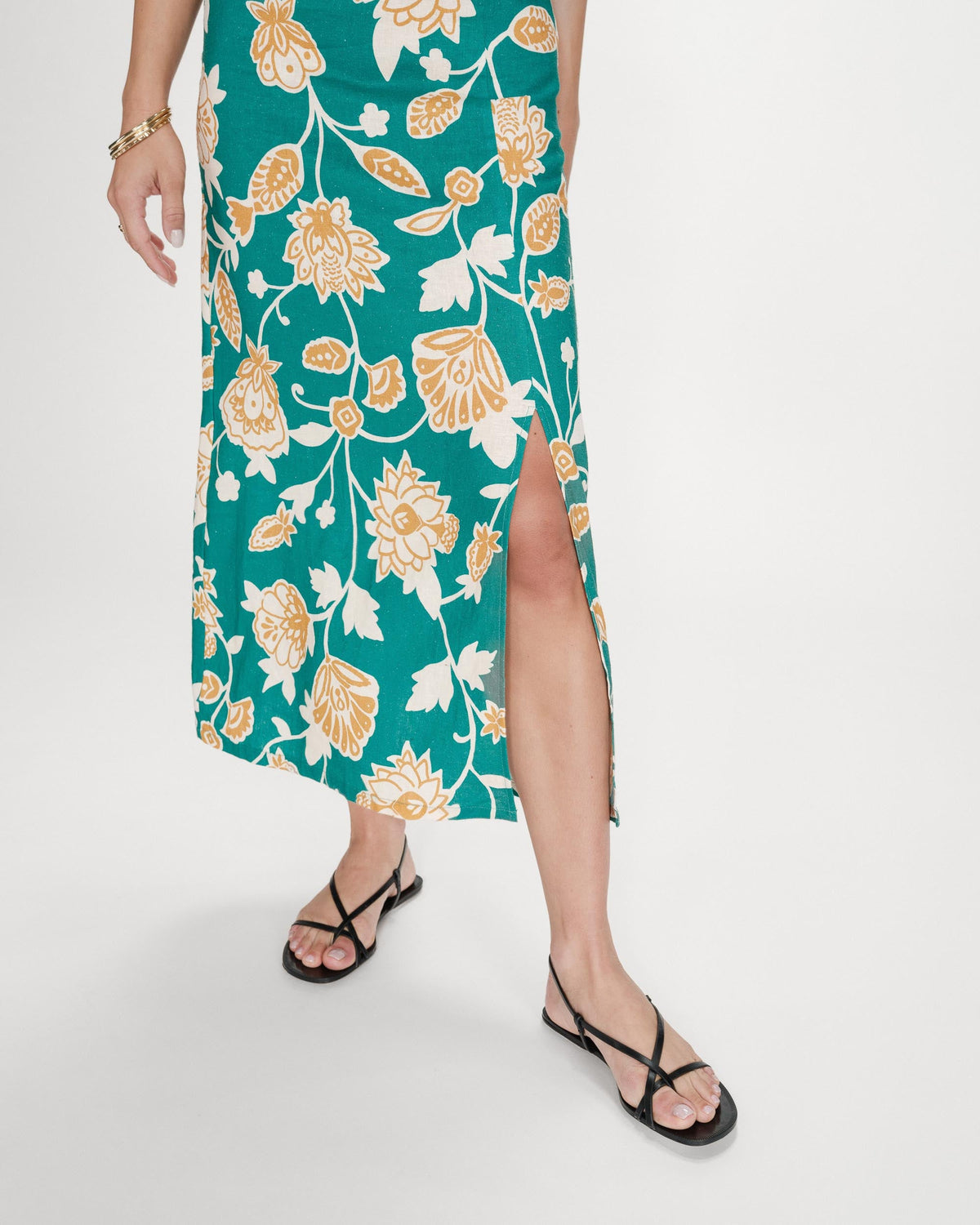 Robe longue à fleurs dos nu bretelles à nouer vert Velyssa