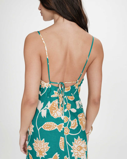 Robe longue à fleurs dos nu bretelles à nouer vert Velyssa