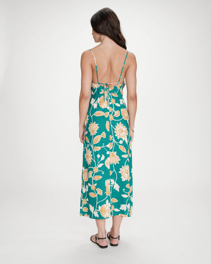 Robe longue à fleurs dos nu bretelles à nouer vert Velyssa