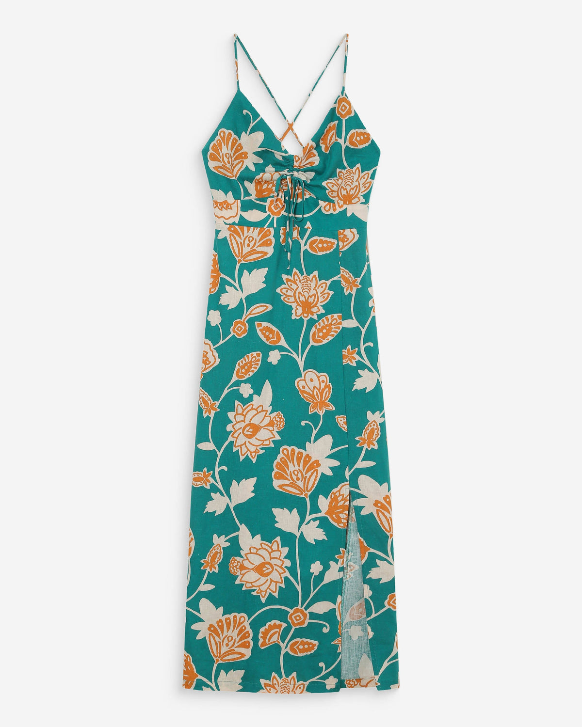 Robe longue à fleurs dos nu bretelles à nouer vert Velyssa