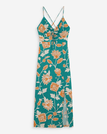 Robe longue à fleurs dos nu bretelles à nouer vert Velyssa