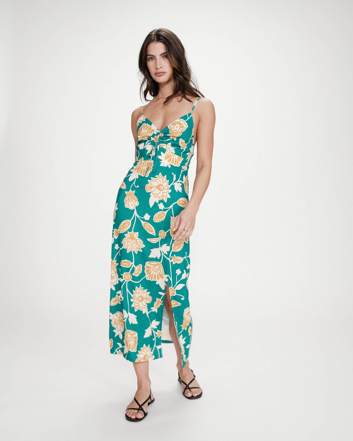 Robe longue à fleurs dos nu bretelles à nouer vert Velyssa