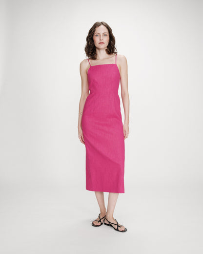 Robe longue en lin ajustée col carré fuchsia Veranys