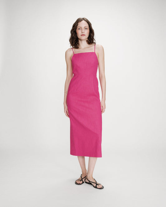 Robe longue en lin ajustée col carré fuchsia Veranys