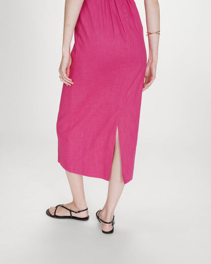 Robe longue en lin ajustée col carré fuchsia Veranys